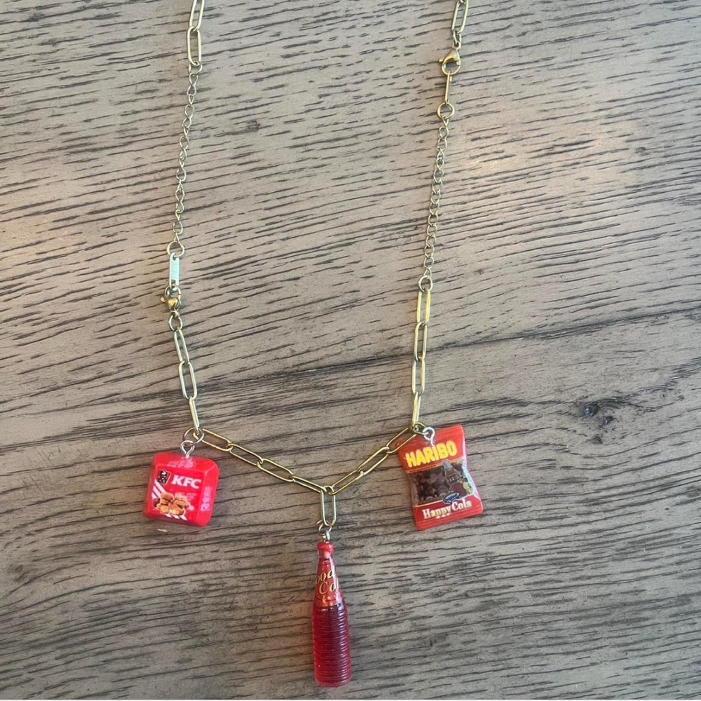 Gold Chain Necklace with Red Charms